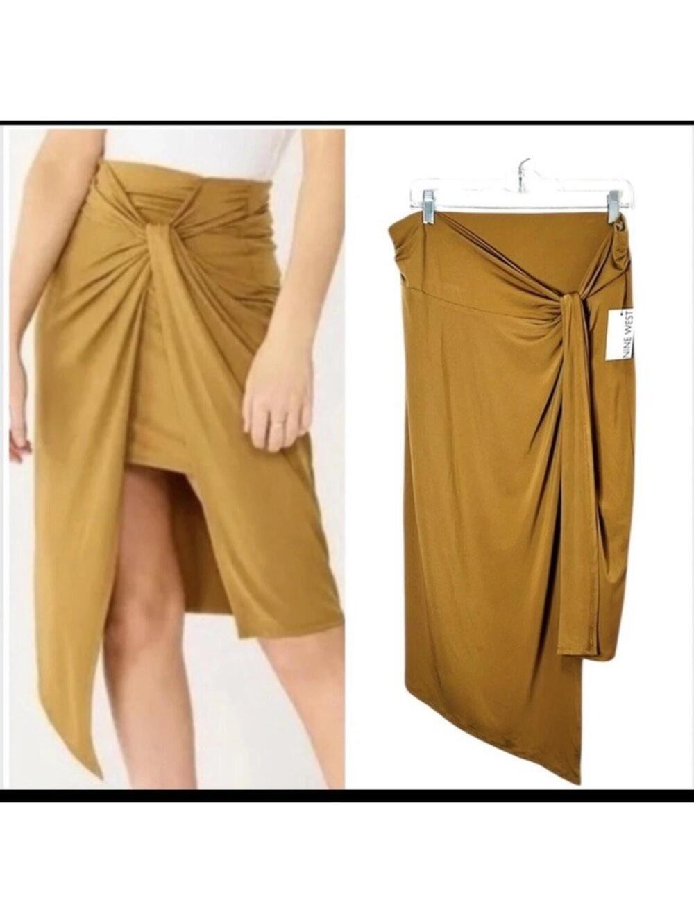 NWT Nine West Gold Wrap Skirt Gold Brown Fall Asymmetrical Sexy Size M